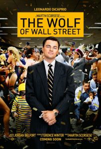 A bold movie title reading "The Wolf of Wall Street - A Roller Coaster of Stock Market Strategies" with a sleek financial graph and skyscrapers in the background.